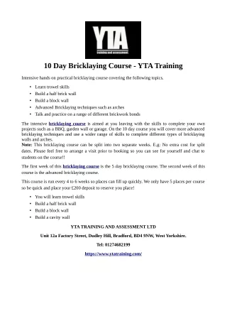 10 day bricklaying course yta training