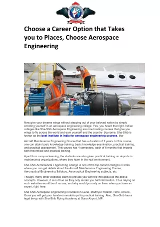 Choose a Career Option that Takes you to Places, Choose Aerospace Engineering