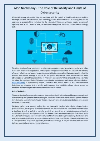 Alon Nachmany - The Role of Reliability and Limits of Cybersecurity