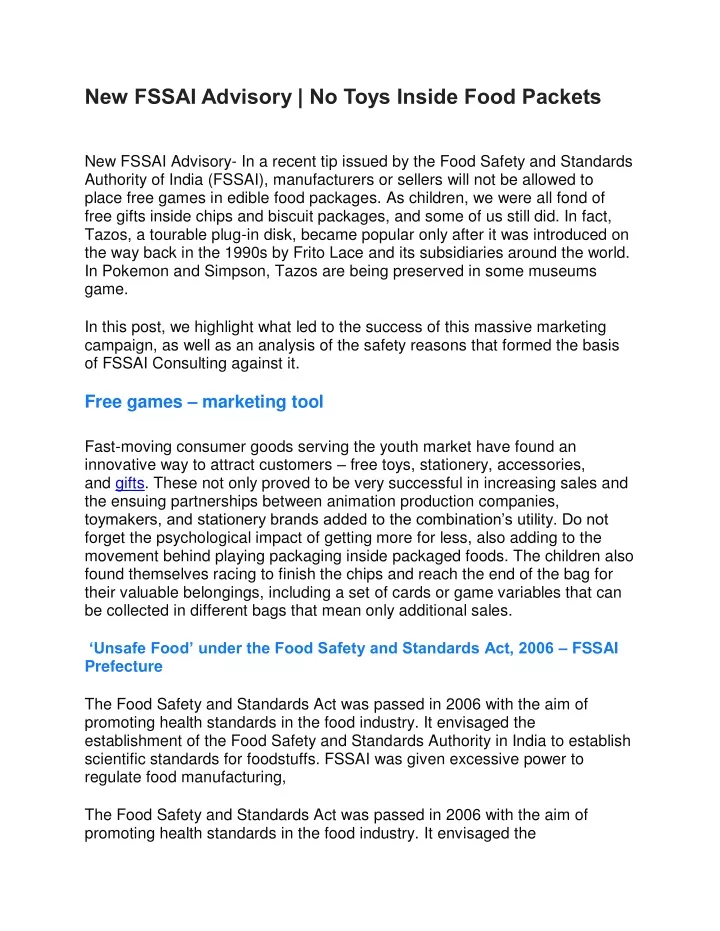 new fssai advisory no toys inside food packets