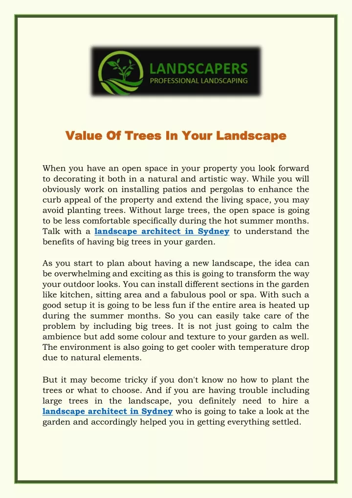 value value of trees in your landscape of trees