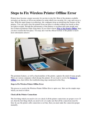 Steps to Fix Wireless Printer Offline Error