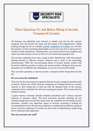 Three Questions To Ask Before Hiring A Security Company In London