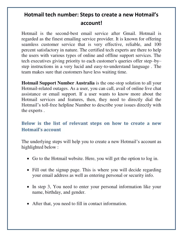 hotmail tech number steps to create a new hotmail
