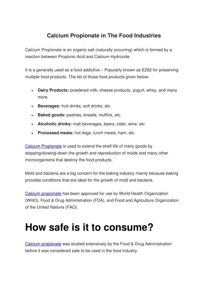 calcium propionate in the food industries