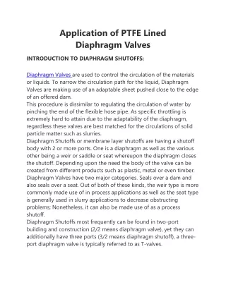 application of ptfe lined diaphragm valves