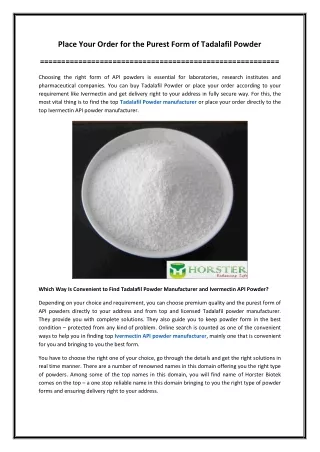 Place Your Order for the Purest Form of Tadalafil Powder