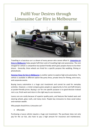 Fulfil Your Desires through Limousine Car Hire in Melbourne