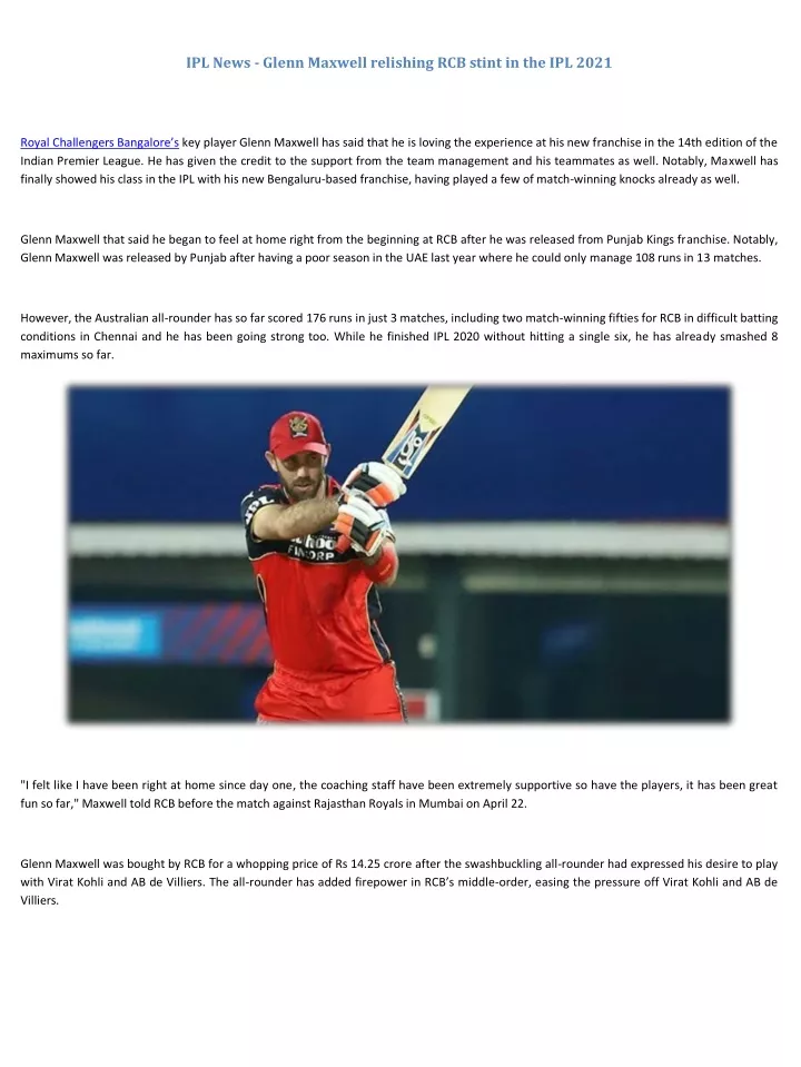 PPT - IPL News - Glenn Maxwell relishing RCB stint in the IPL 2021 ...