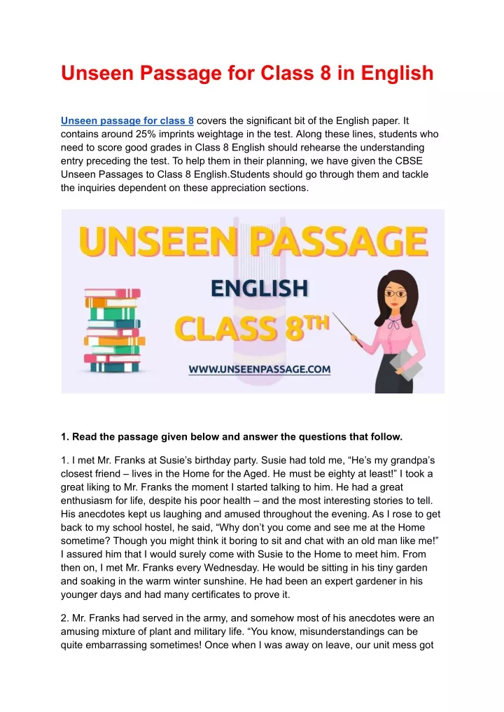 unseen passage for class 8 in english