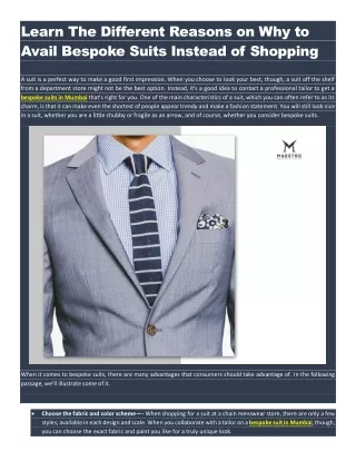 Learn The Different Reasons on Why to Avail Bespoke Suits Instead of Shopping