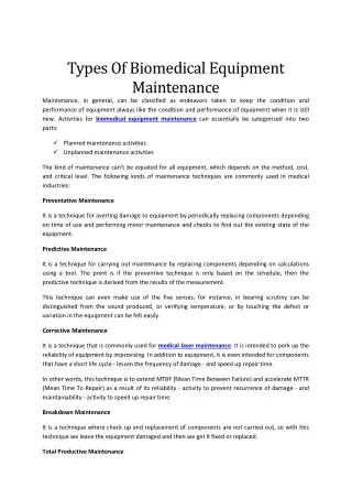 Types Of Biomedical Equipment Maintenance