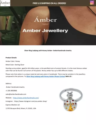 Silver Ring Ladybug with Honey Amber
