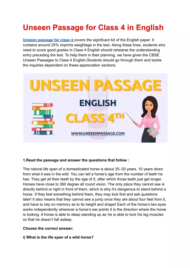 unseen passage for class 4 in english