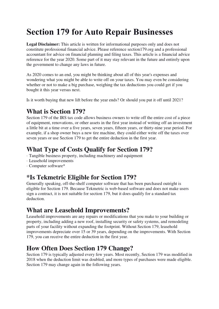 section 179 for auto repair businesses legal