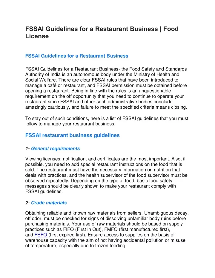 fssai guidelines for a restaurant business food