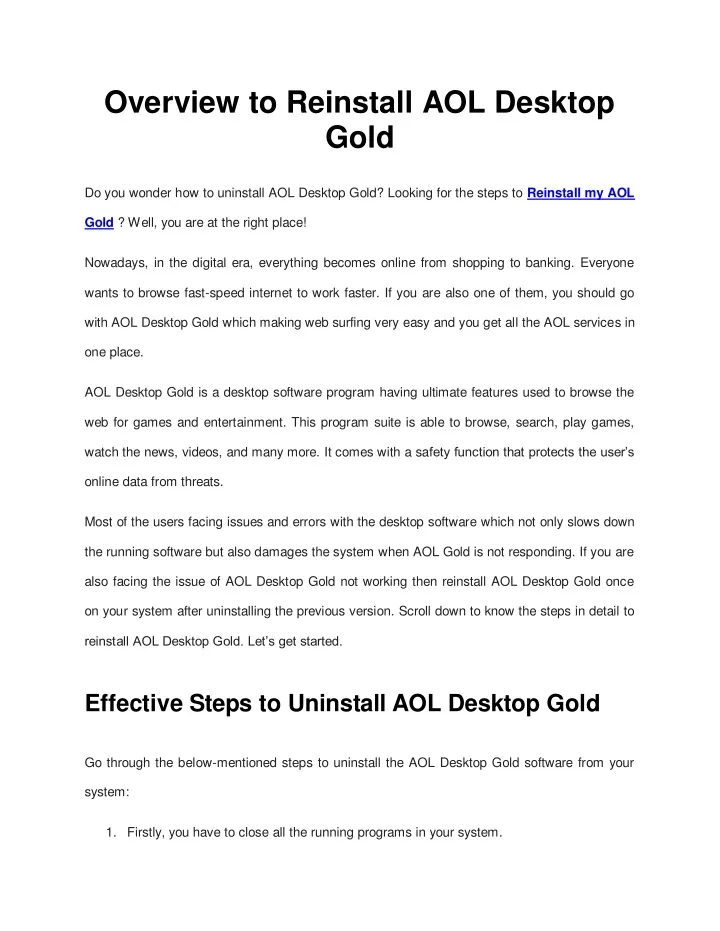 overview to reinstall aol desktop gold