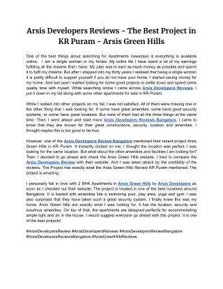 Arsis Developers Reviews - The Best Project in KR Puram by Arsis Green Hills