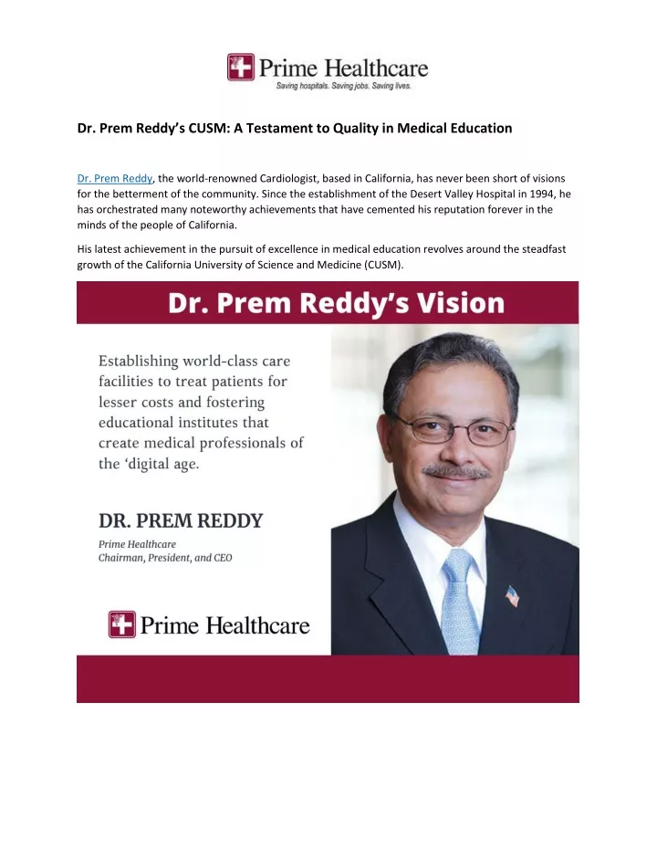 dr prem reddy s cusm a testament to quality