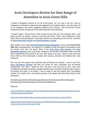 Arsis Developers Review for their Range of Amenities in Arsis Green Hills