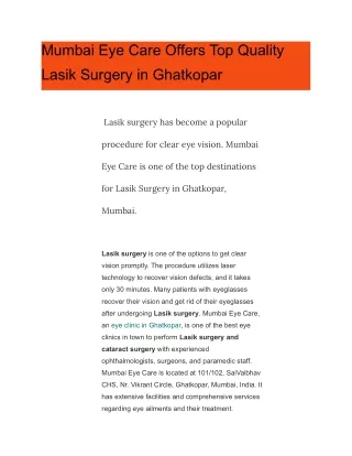 Mumbai Eye Care Offers Top Quality Lasik Surgery in Ghatkopar