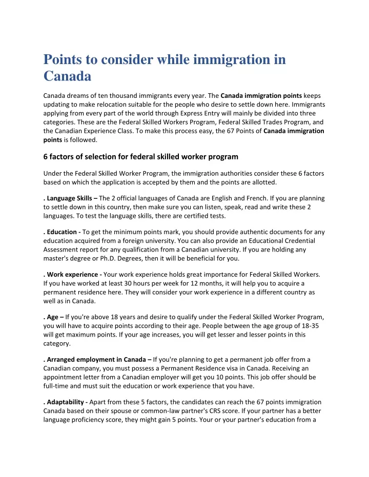 points to consider while immigration in canada