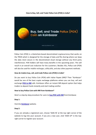 how to buy sell and trade pollux coin pox in india