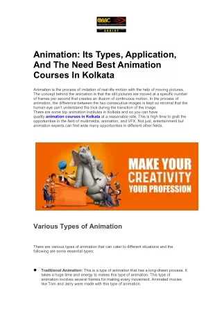 Animation: Its Types, Application, And The Need Best Animation Courses In Kolkat