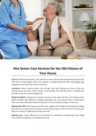 Hire Senior Care Services for the Old Citizens of Your House