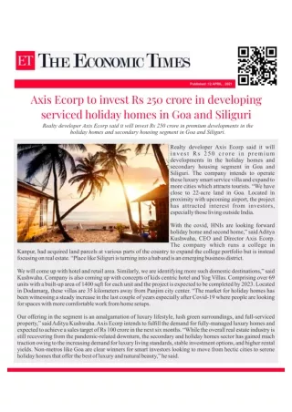 Axis Ecorp to Invest Rs 250 Crore In Developing Serviced Holiday Homes In Goa And Siliguri