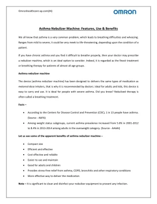 Asthma Nebulizer Machine Features, Use & Benefits