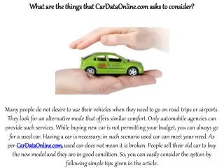 What are the things that CarDataOnline.com asks to consider?