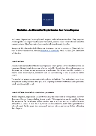 mediation an alternative way to resolve real