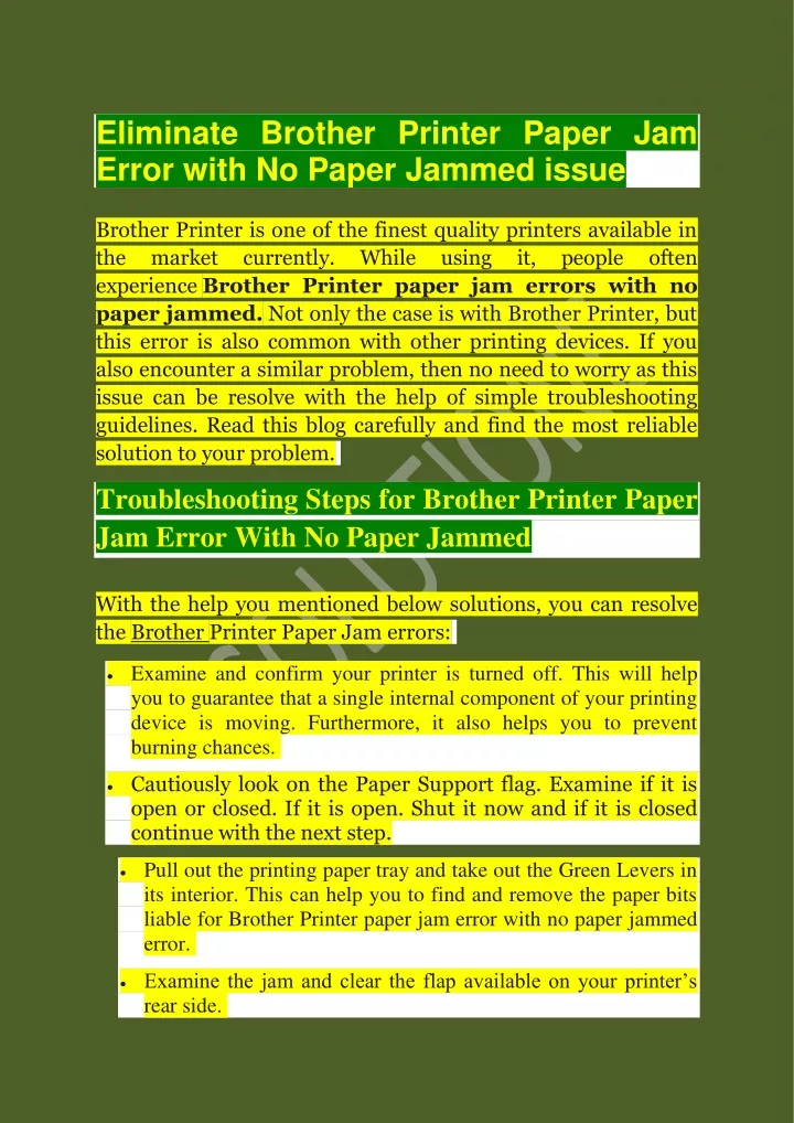 eliminate brother printer paper jam error with