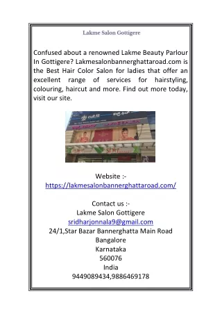 Lakme Beauty Parlour in Gottigere  Lakmesalonbannerghattaroad.com