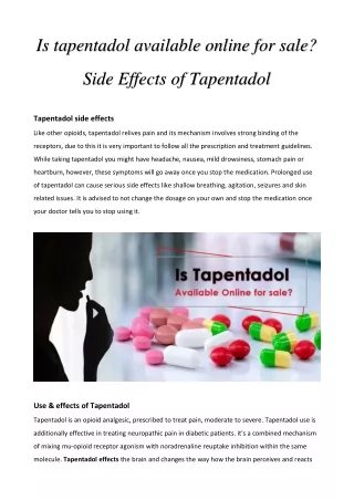 Is tapentadol available online for sale? Side Effects of Tapentadol