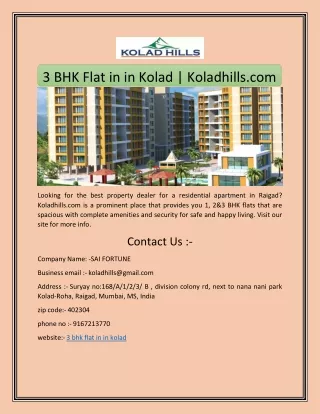 3 BHK Flat in in Kolad | Koladhills.com