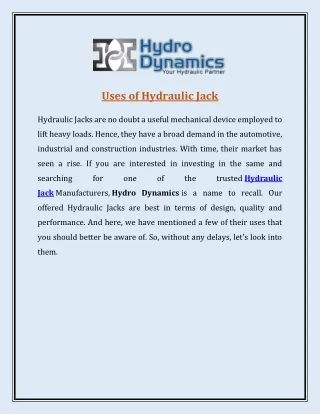 Uses Of Hydraulic Jacks - Hydraulic Cylinder