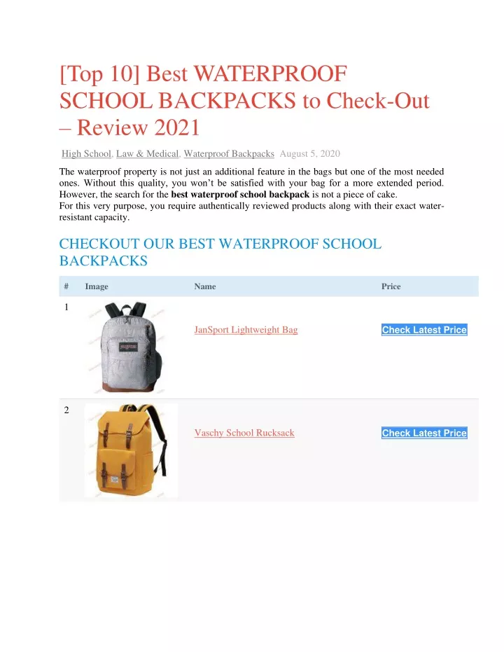 top 10 best waterproof school backpacks to check