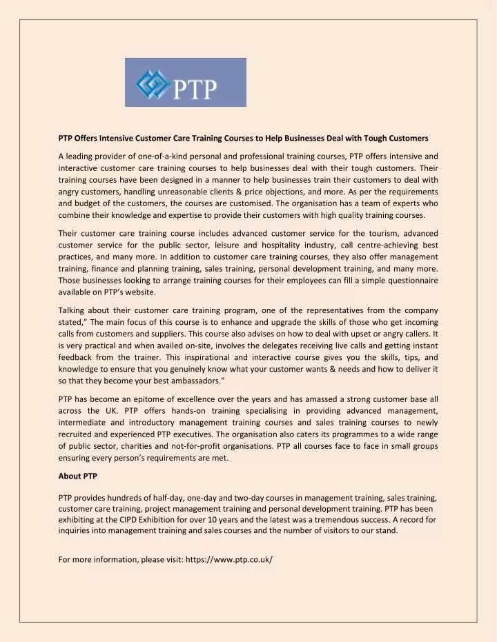 ptp offers intensive customer care training