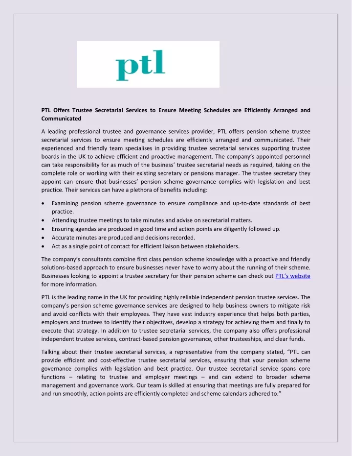 ptl offers trustee secretarial services to ensure