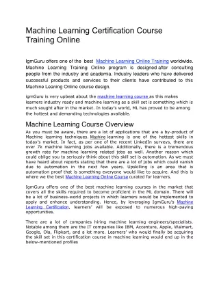 Machine Learning Certification Course Training Online