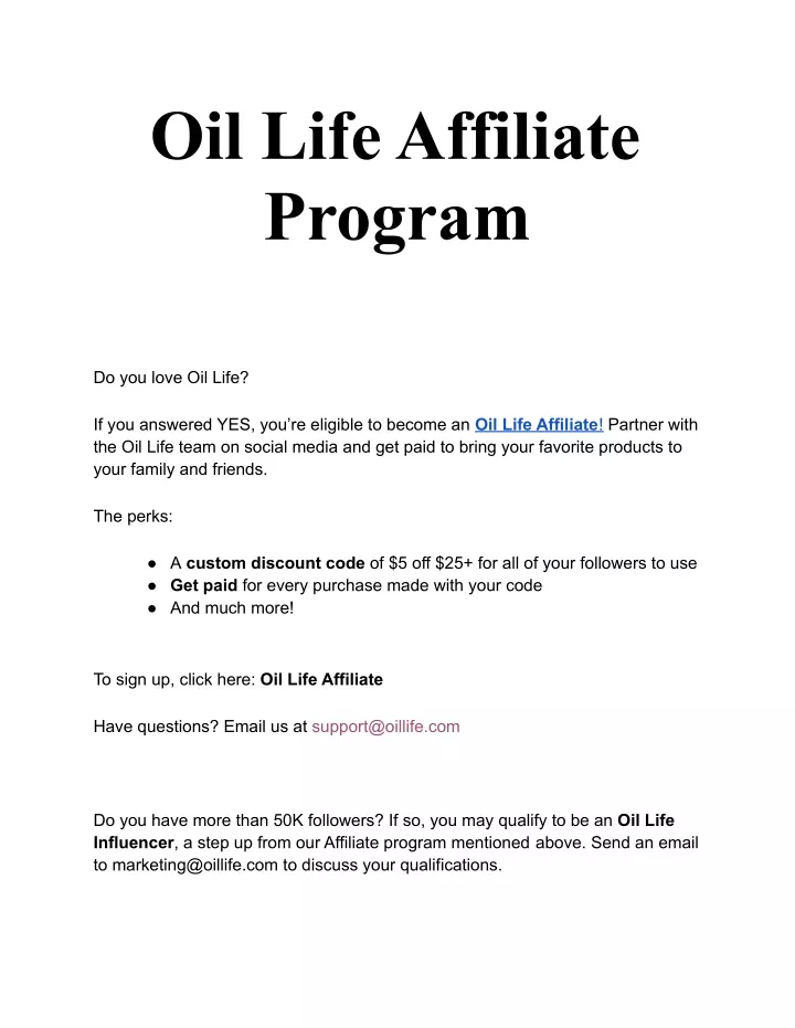 oil life affiliate program