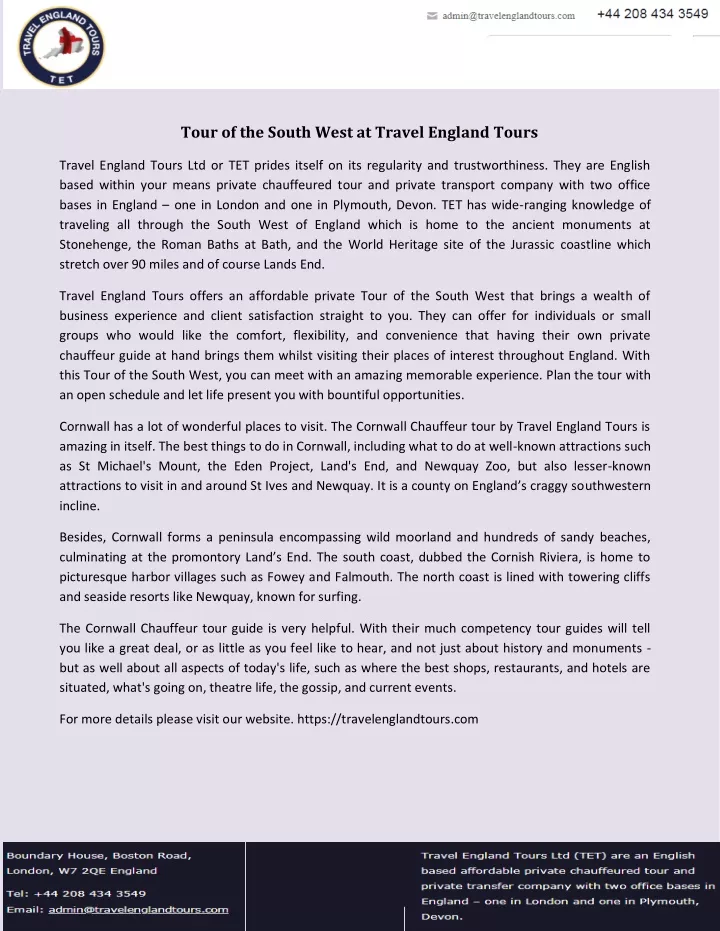 tour of the south west at travel england tours