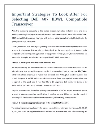 Important Strategies To Look After For Selecting Dell 407 BBWL Compatible Transceiver