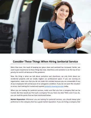 Consider These Things When Hiring Janitorial Service
