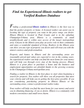 Find An Experienced illinois realtors to get Verified Realtors Database