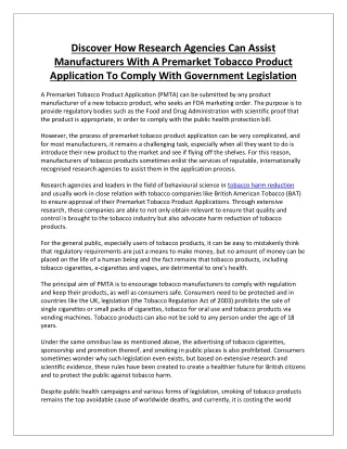 Discover How Research Agencies Can Assist Manufacturers With A Premarket Tobacco Product Application