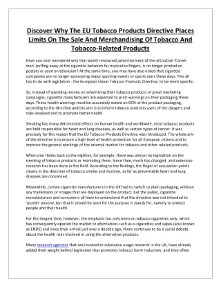 Discover Why The EU Tobacco Products Directive Places Limits On The Sale And Merchandising Of Tobacco