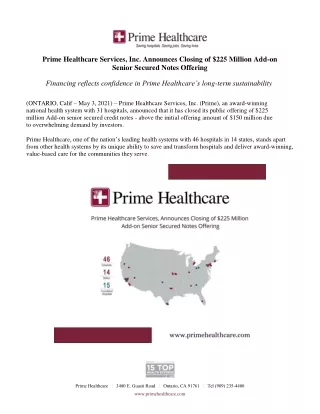 Prime Healthcare, Inc. Announces Closing of $225 Million